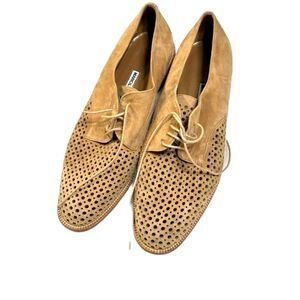 Manolo Blahnik Suede Perforated Oxford Flats Tan Lace Up Designer Shoes IT 39.5